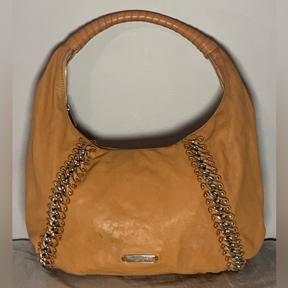 RARE Michael Kors Luxury Large Beige Leather ID Chain Hobo Purse Bag